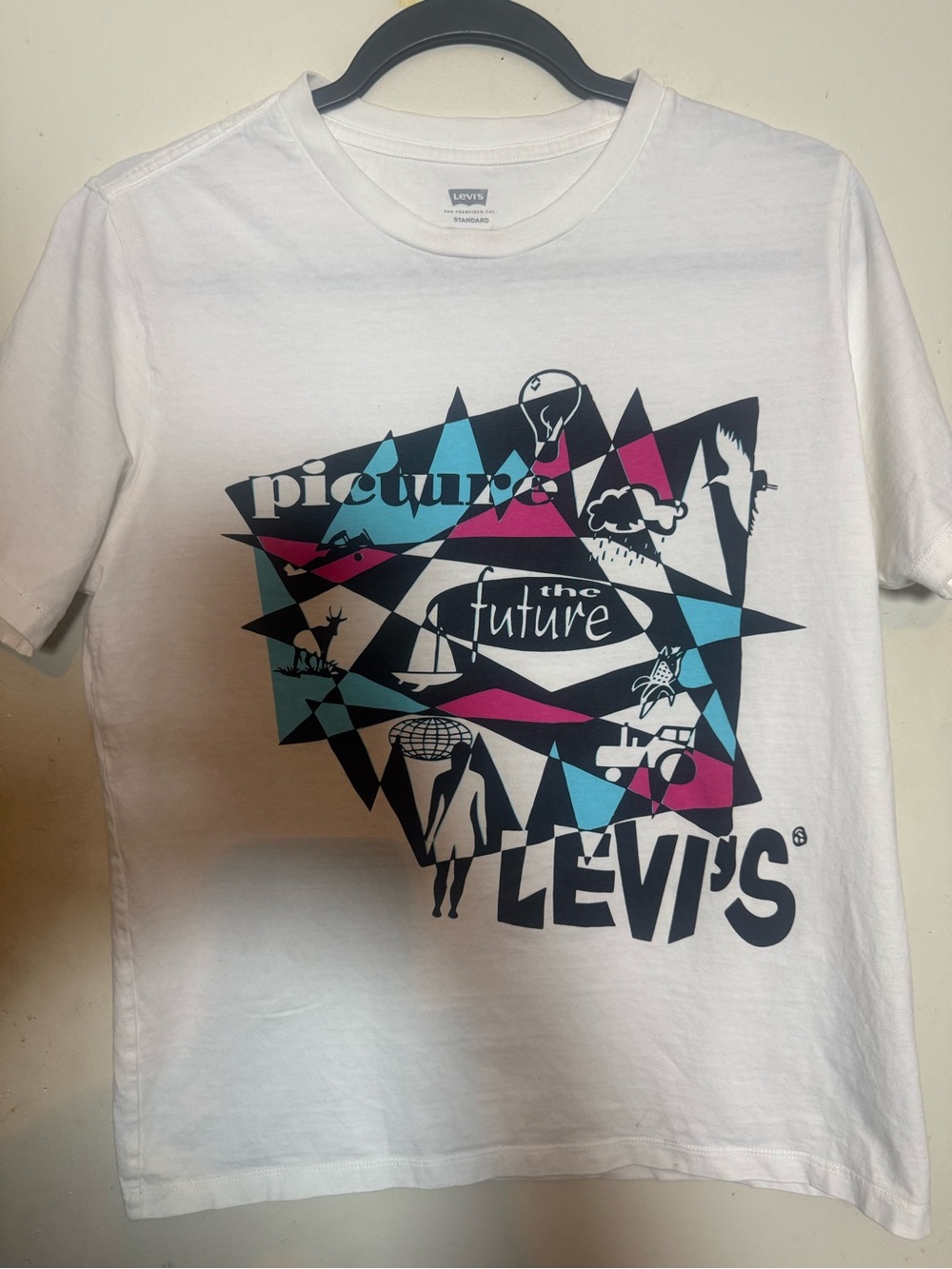 Levi's White Tee with Teal, Magenta & Black Geometric Graphic